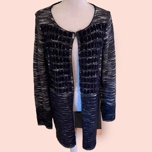 Tahari "Sima" Black/White/Grey Mixed Texture Long Cardigan Sweater M